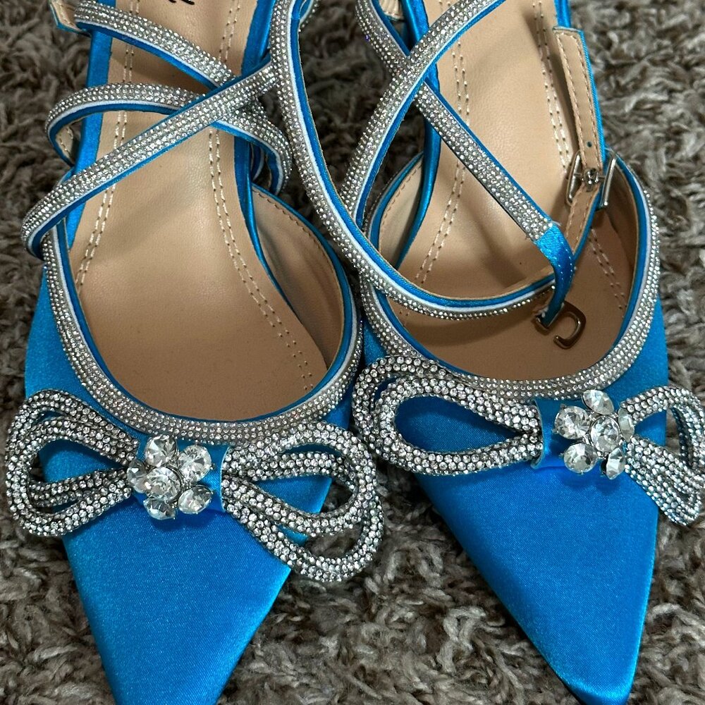 Blue Sugarcoat Diamante Double Bow Satin Heels Womens (SIZE 9.5 US / 41 EU)
